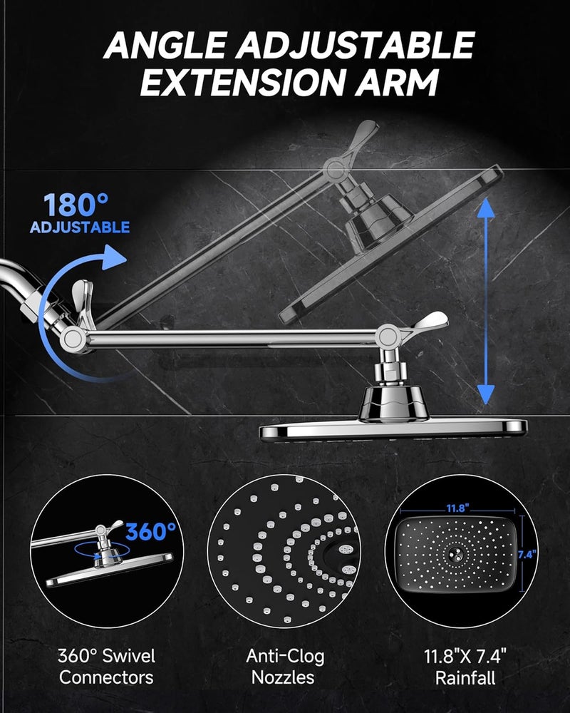 Veken 11.8" Rain Shower Head, Rectangular Rainfall Showerhead with 11" Stainless Steel Exension Arm, Height & Angle Decor Adjustable, High Pressure Shower Heads, Bathroom Accessories, Chrome - Image 3